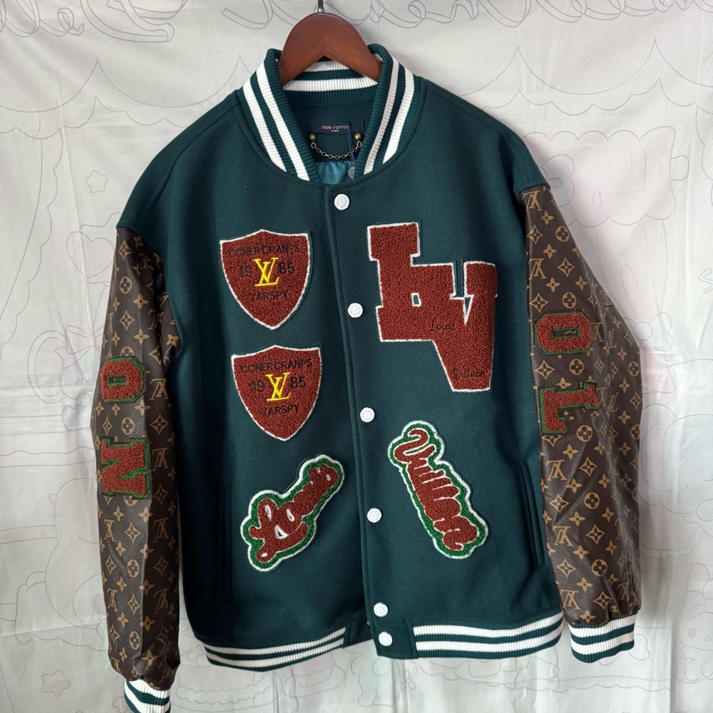 Louis Vuitton Green Wool Varsity Jacket with Monogram Brown Sleeves